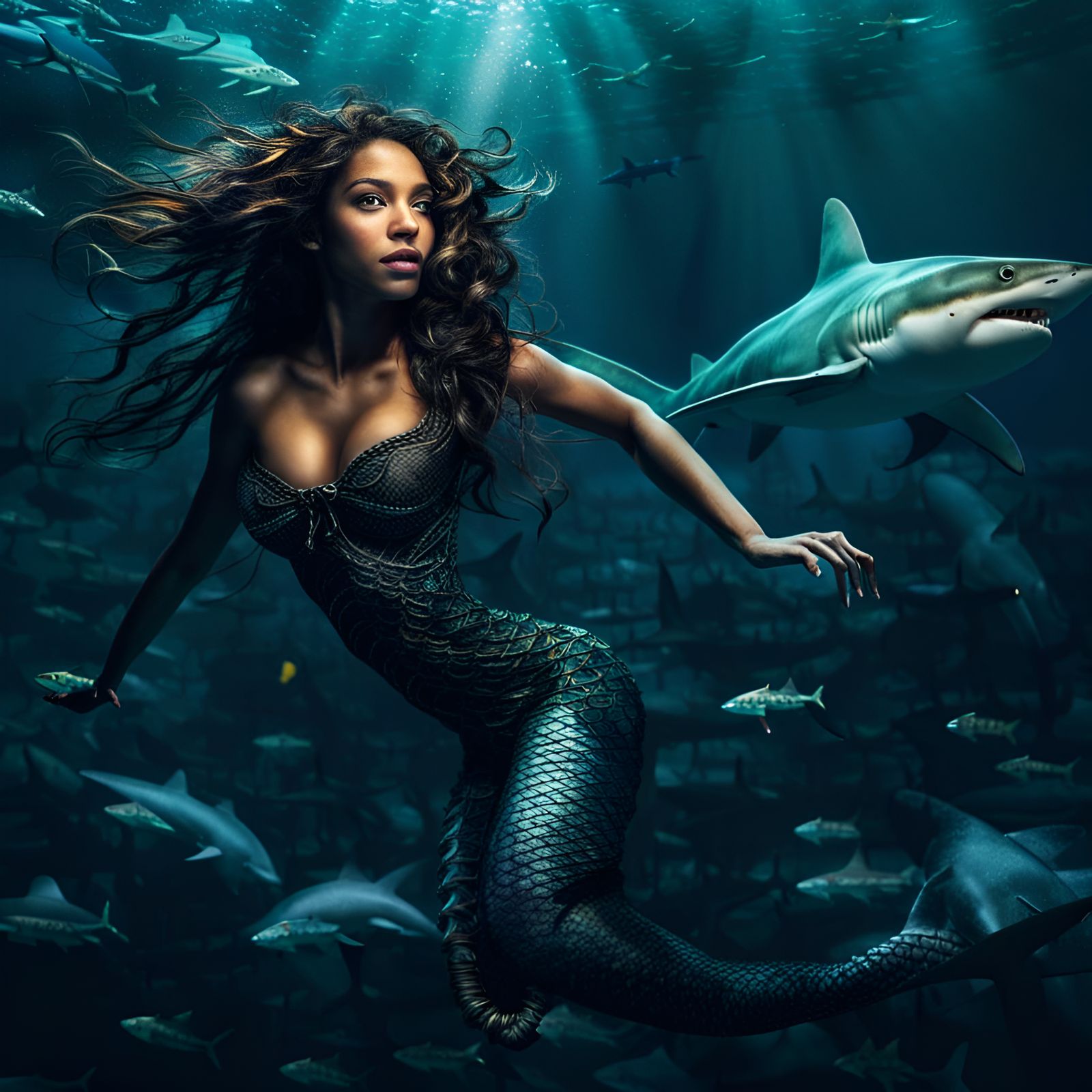 Hyperrealistic Mermaid Swimming with Sharks
