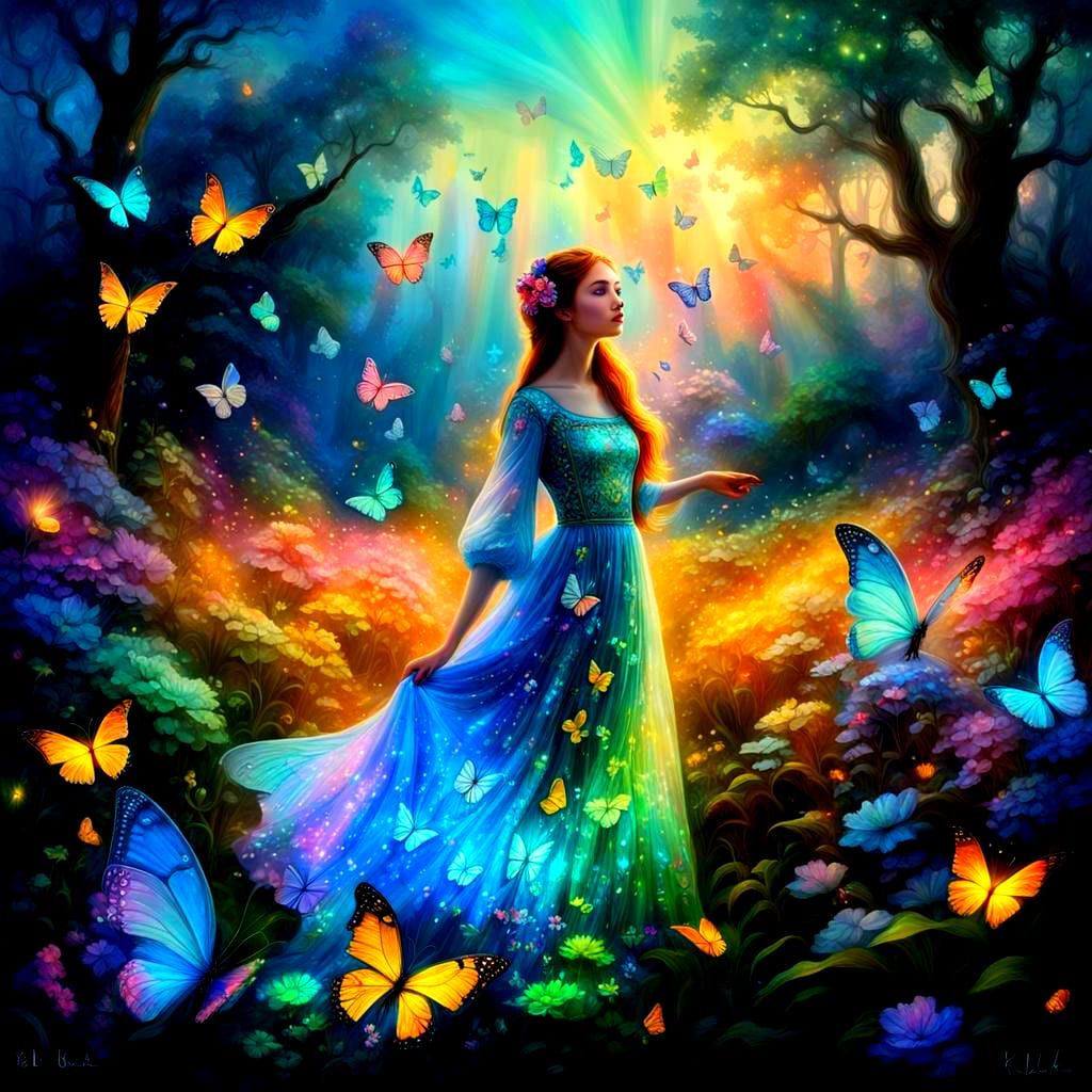 Mystical Meadow with Butterflies in Light Painting Style