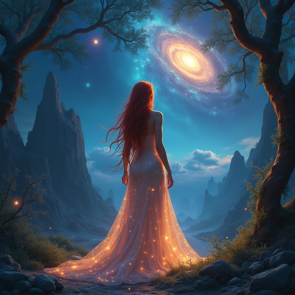 Celestial Sorceress in Bioluminescent Forest, Digital Art