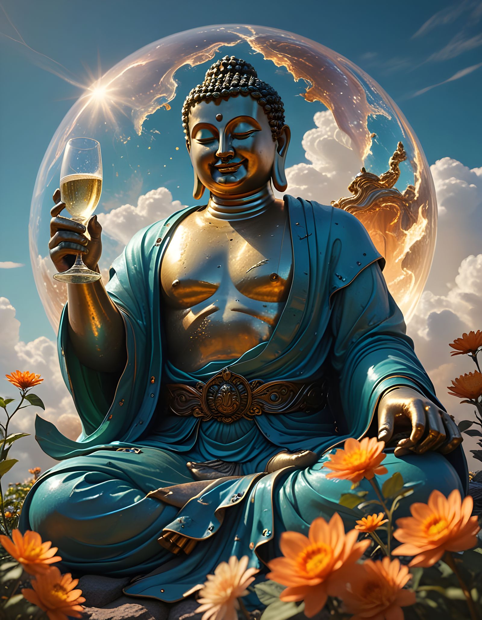 Buddha Cheers with Champagne in a Radiant Sky