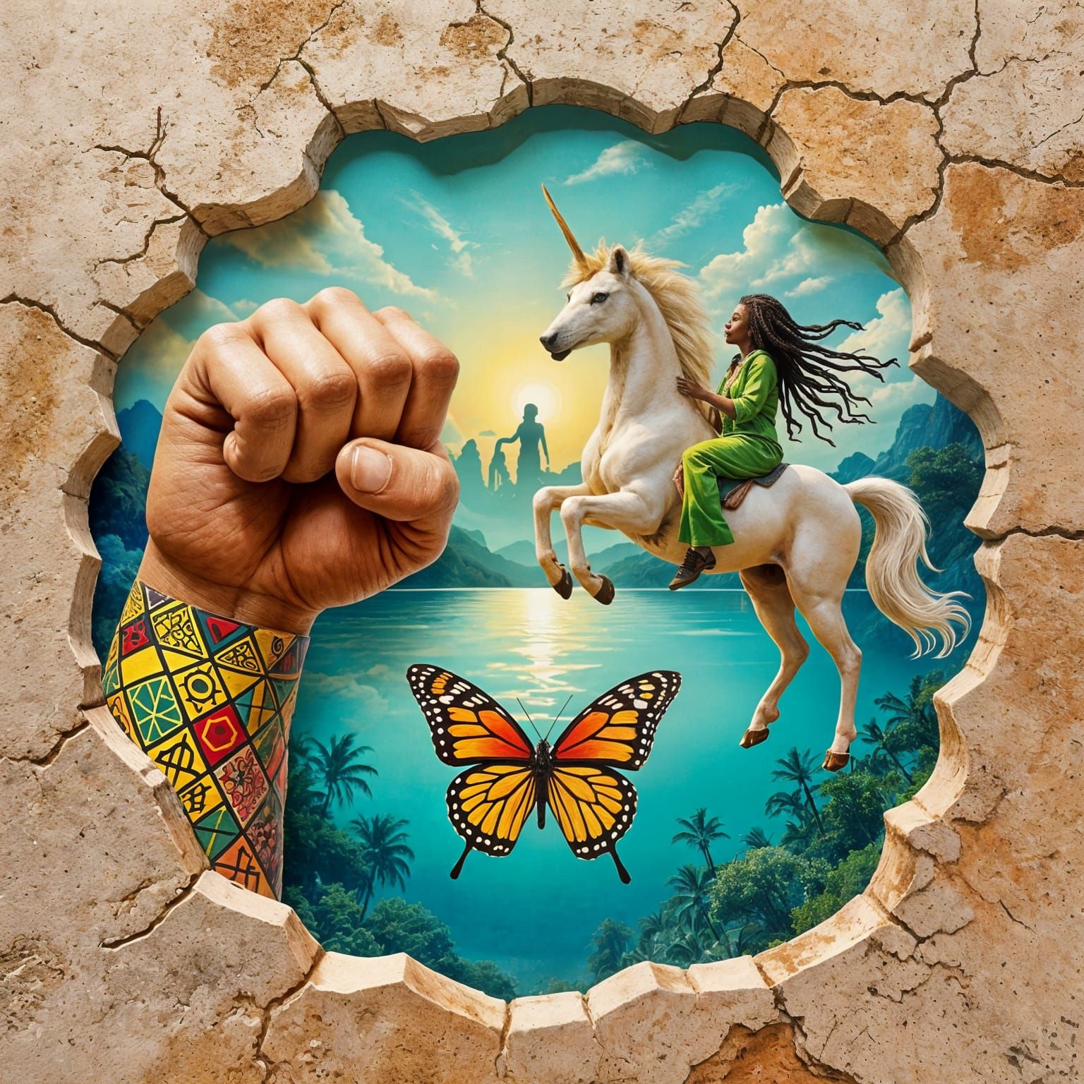 Abstract Expressionist Painting with Lion and Musical Elemen...