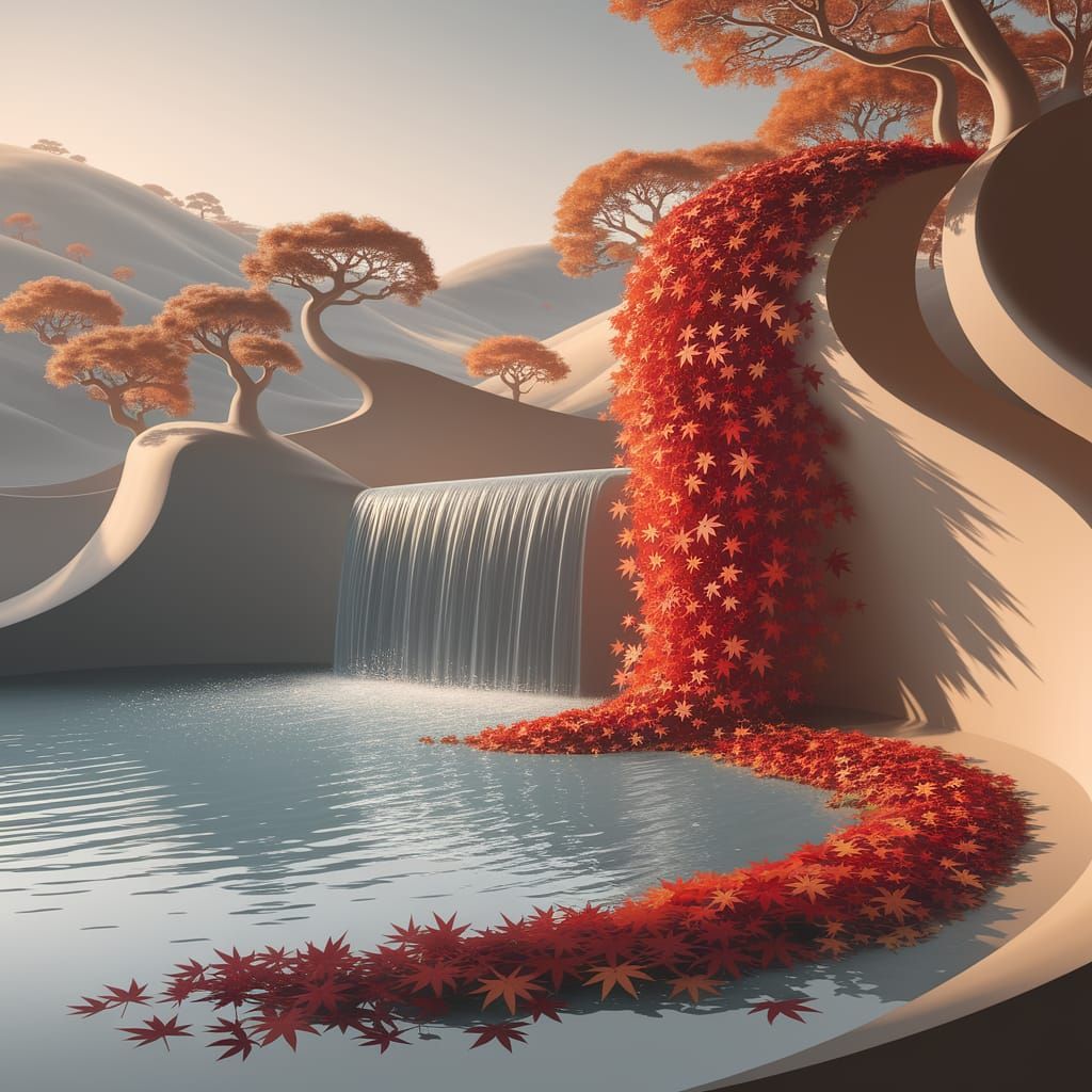 Ukiyo-e Waterfall in Autumn Light