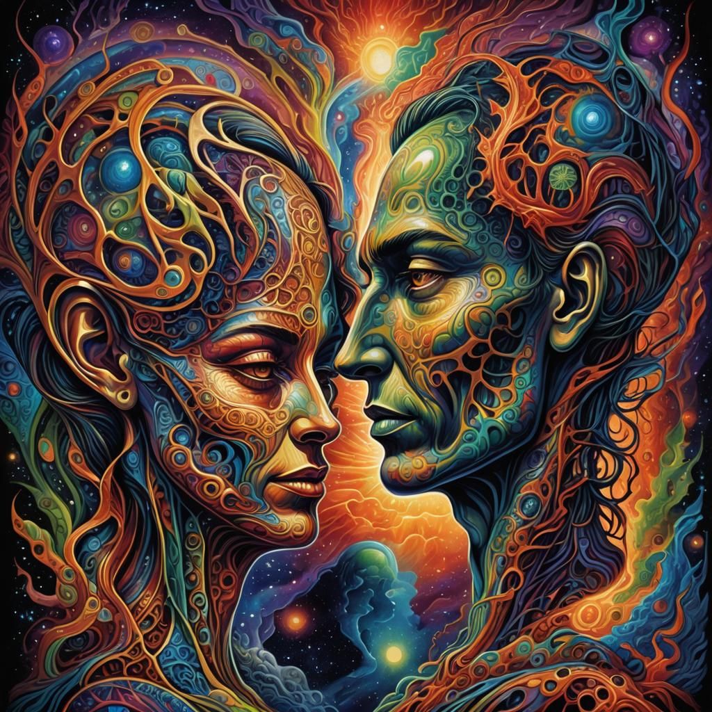 Psychedelic Duality: Spiritual Faces in Digital Art
