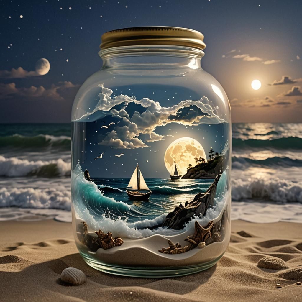 Miniature Ocean Scene Inside Jar on Moonlit Night