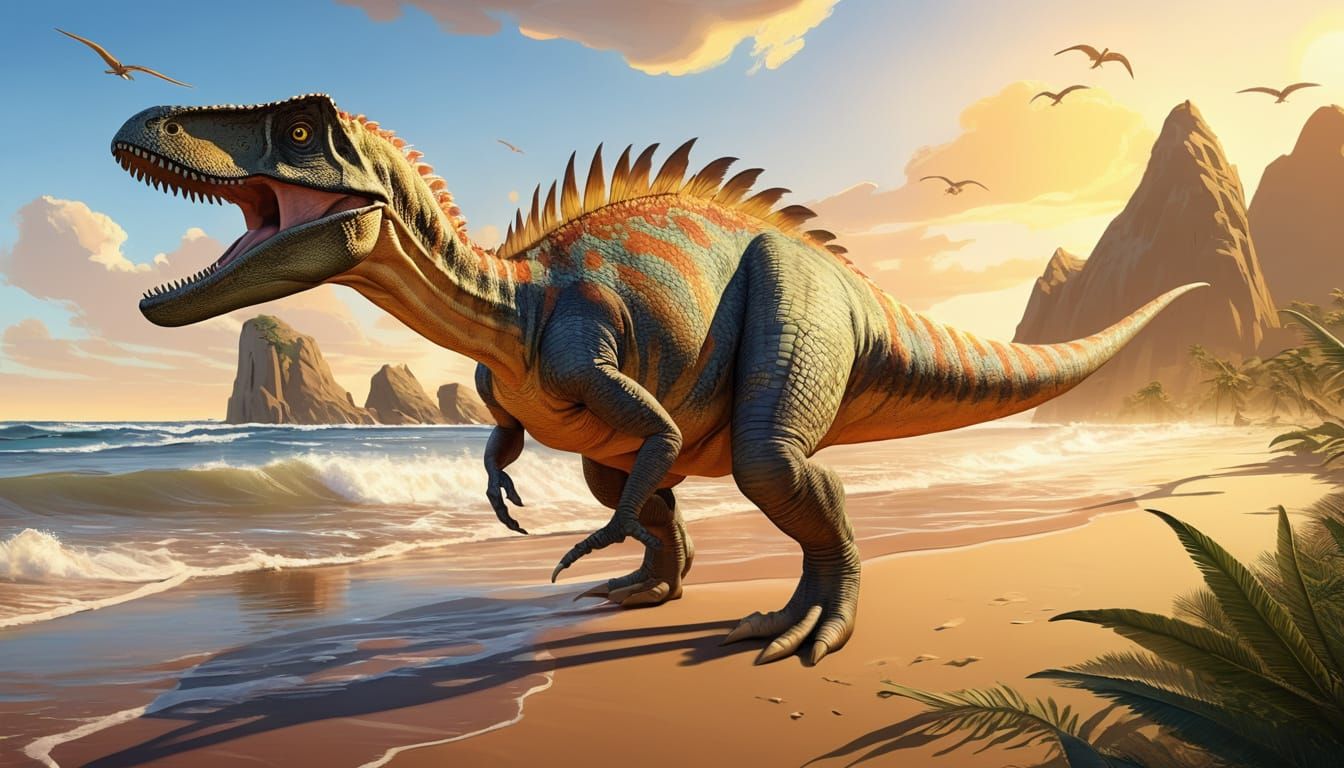 Vibrant Jurassic Landscape with Dinosaurs and Flying Reptile...