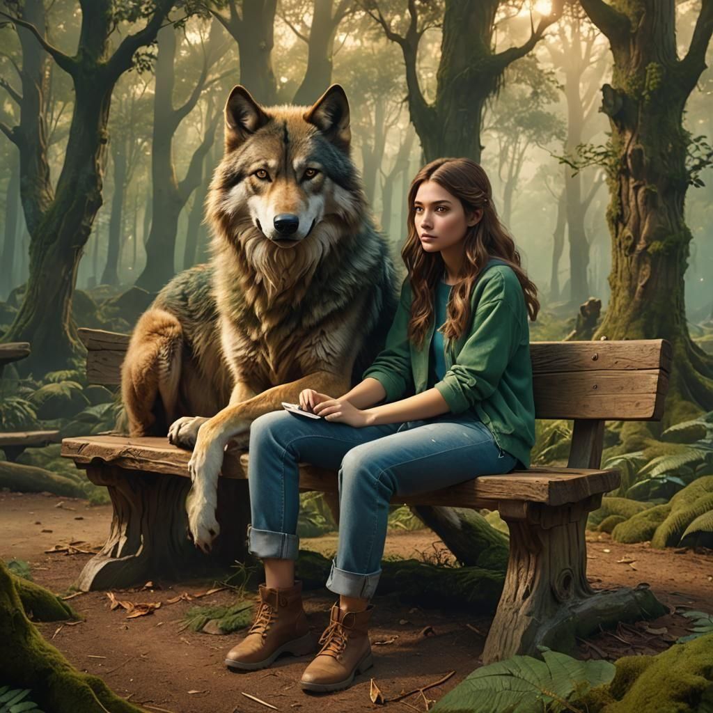 Enchanted Forest Scene with Girl and Wolves