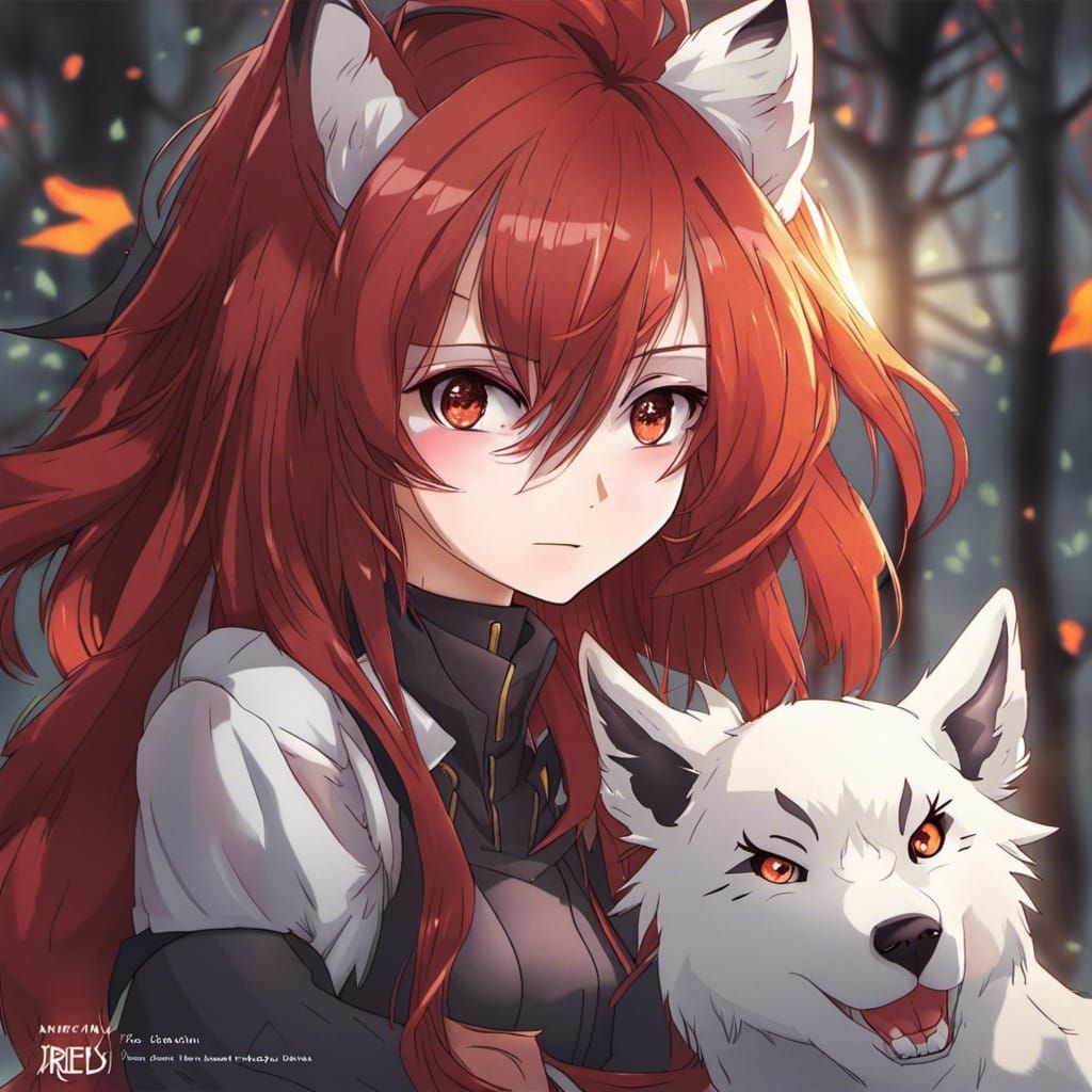Anime Girl with Wolf Ears and Red Hair
