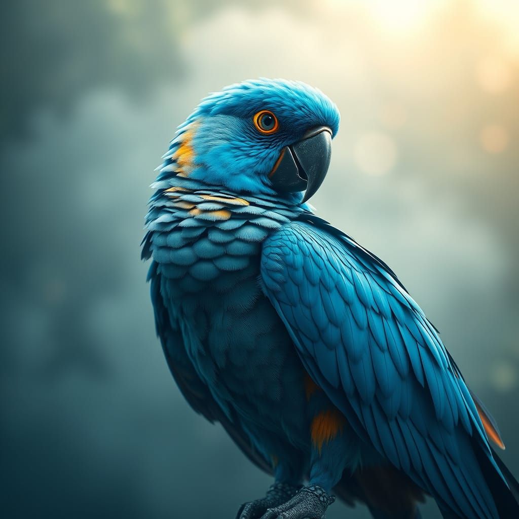 Vibrant Hyperrealistic Spix Macaw in Misty Atmosphere