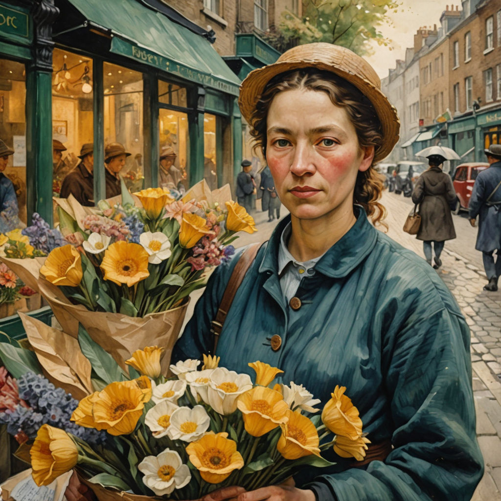 Ethereal Flower Seller on a London Street in Impressionist S...