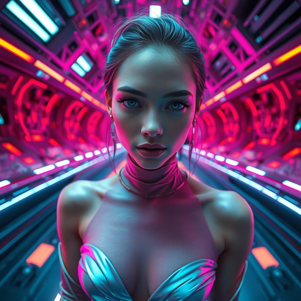 Elegant Woman in Futuristic World, Fisheye Lens