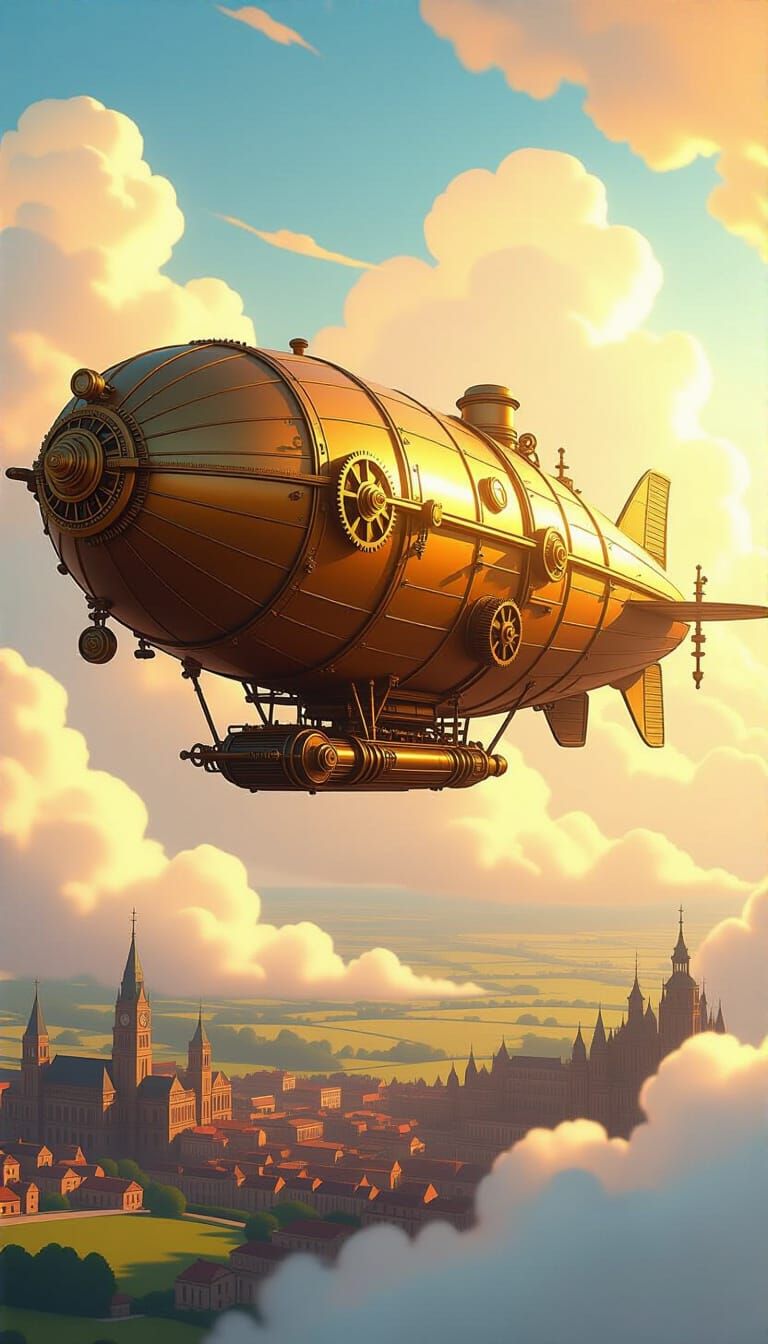 Steampunk Airship Soaring Above Victorian Cities
