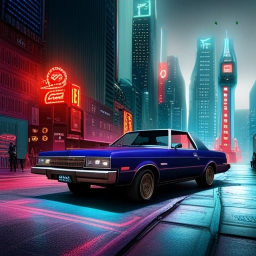 Cyberpunk Dodge Lebaron/Mirada Fusion in Neon Cityscape