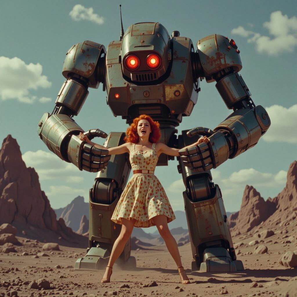 Robotic Abduction in Vintage Sci-Fi Film Still