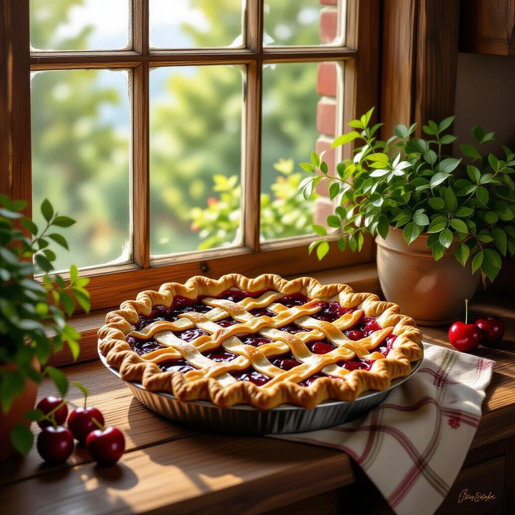 Warm Cherry Pie with Lattice Crust, Painterly Kitchen Scene