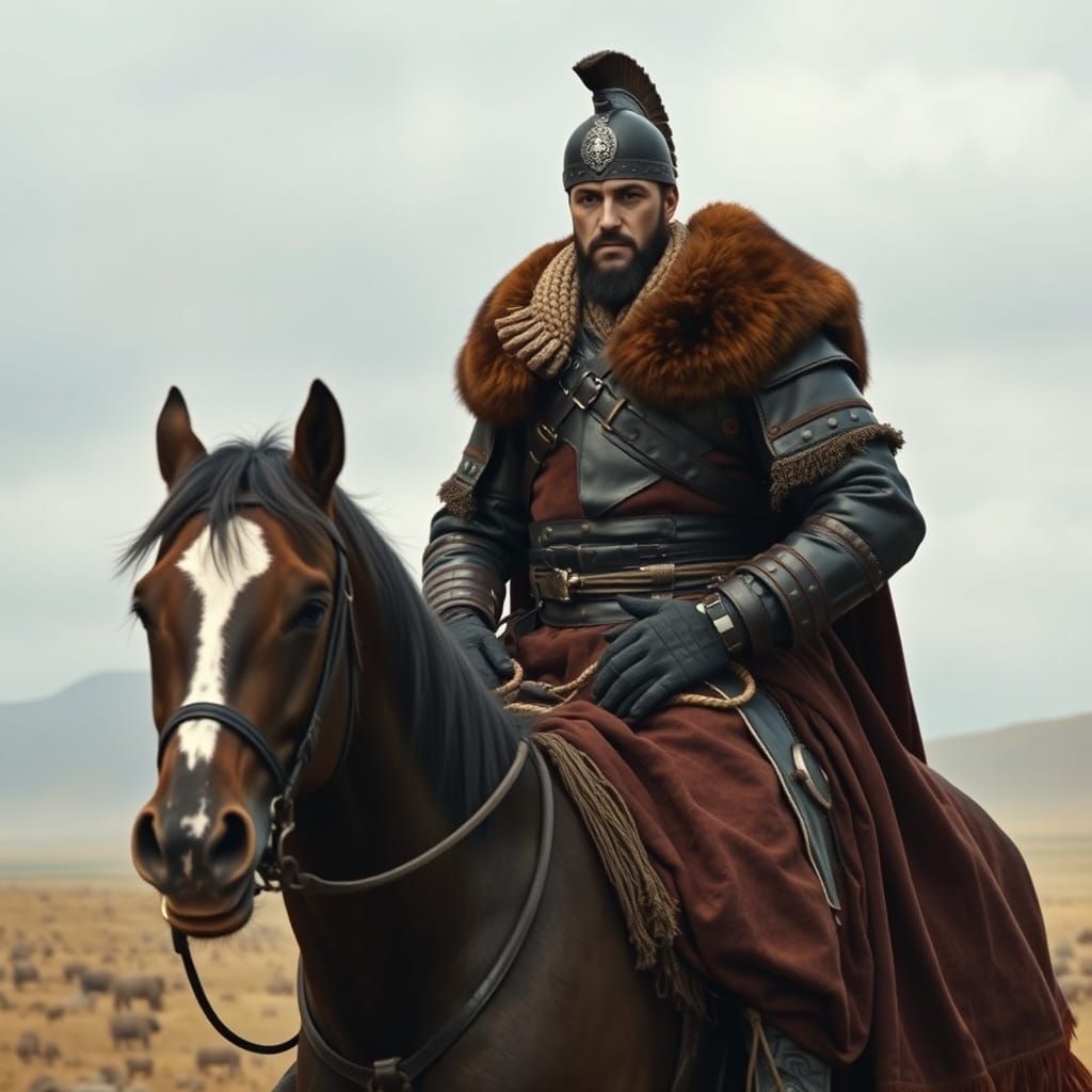 Mongol Soldier on Horseback in Vast Steppe