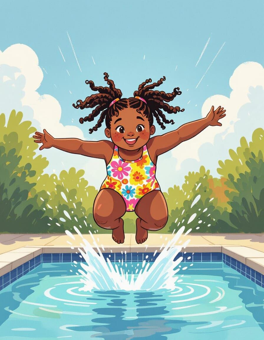 Joyful Girl Leaping into Pool: Watercolor Art