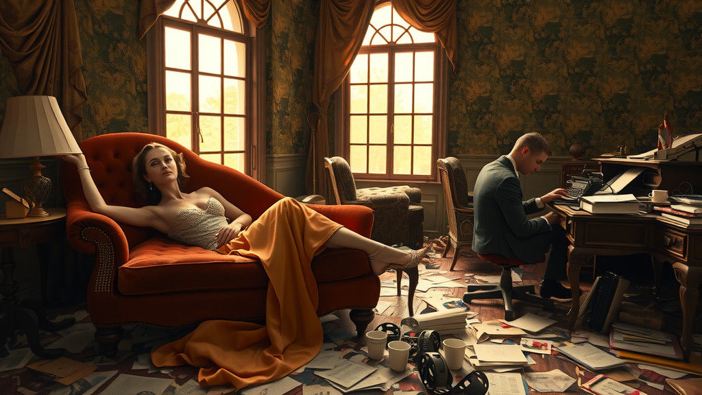 Fading Film Star in Decaying Mansion, Syd Mead Aesthetic