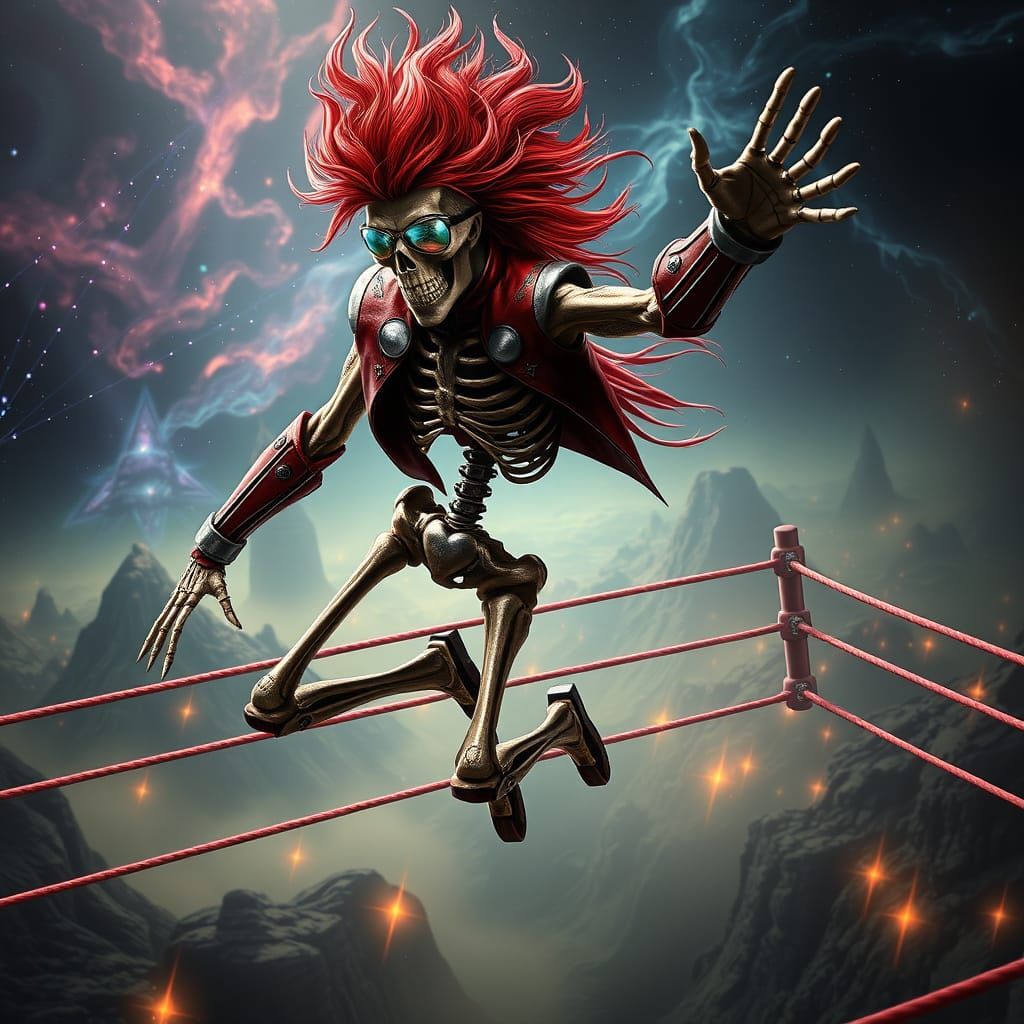 Skeletal Wrestler Soars in Cyberpunk-Inspired Surrealism