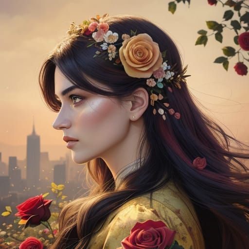 Comic Book Portrait of Woman Adorned with Roses
