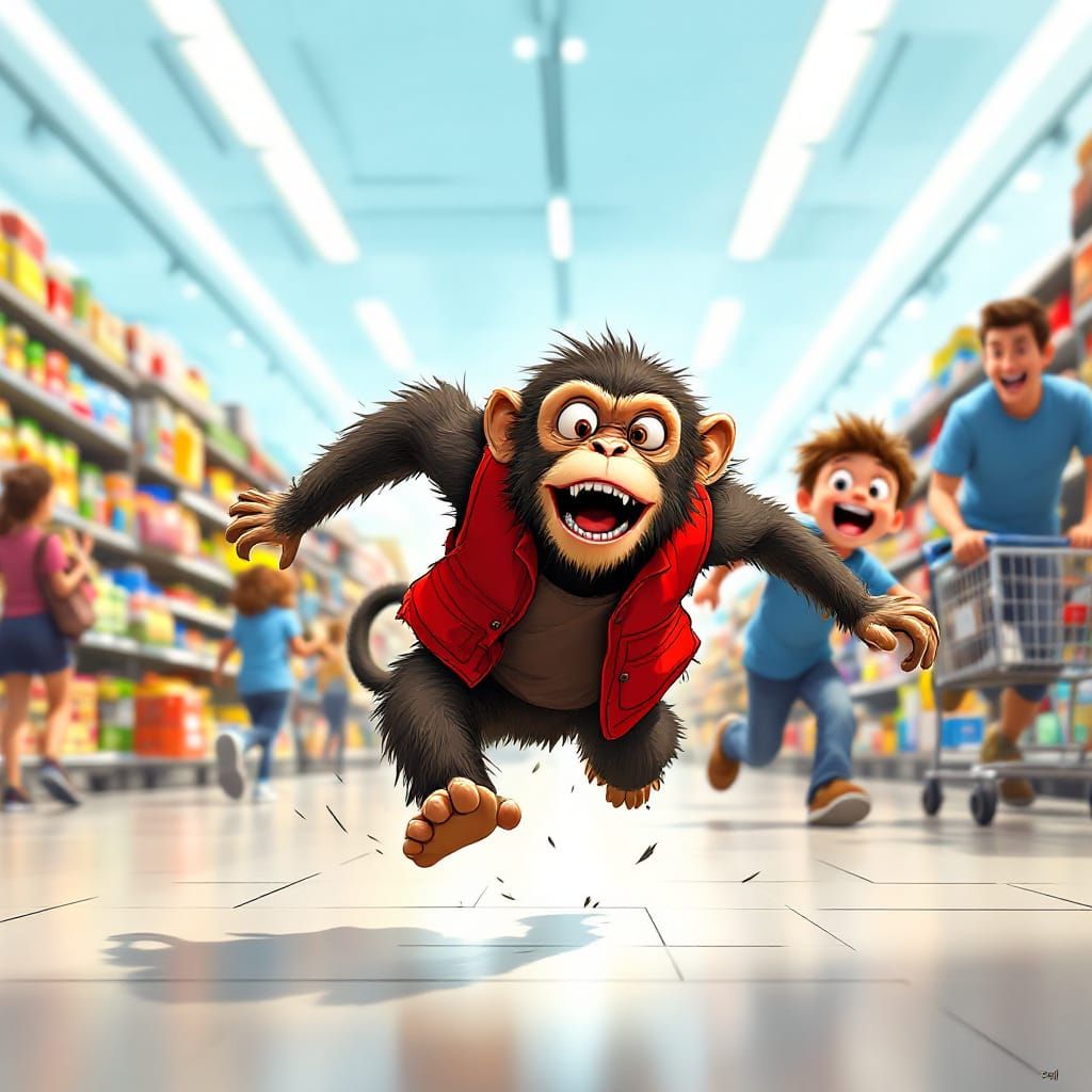 Monkey in Walmart Chased by Excited Boy Cartoon Illustration