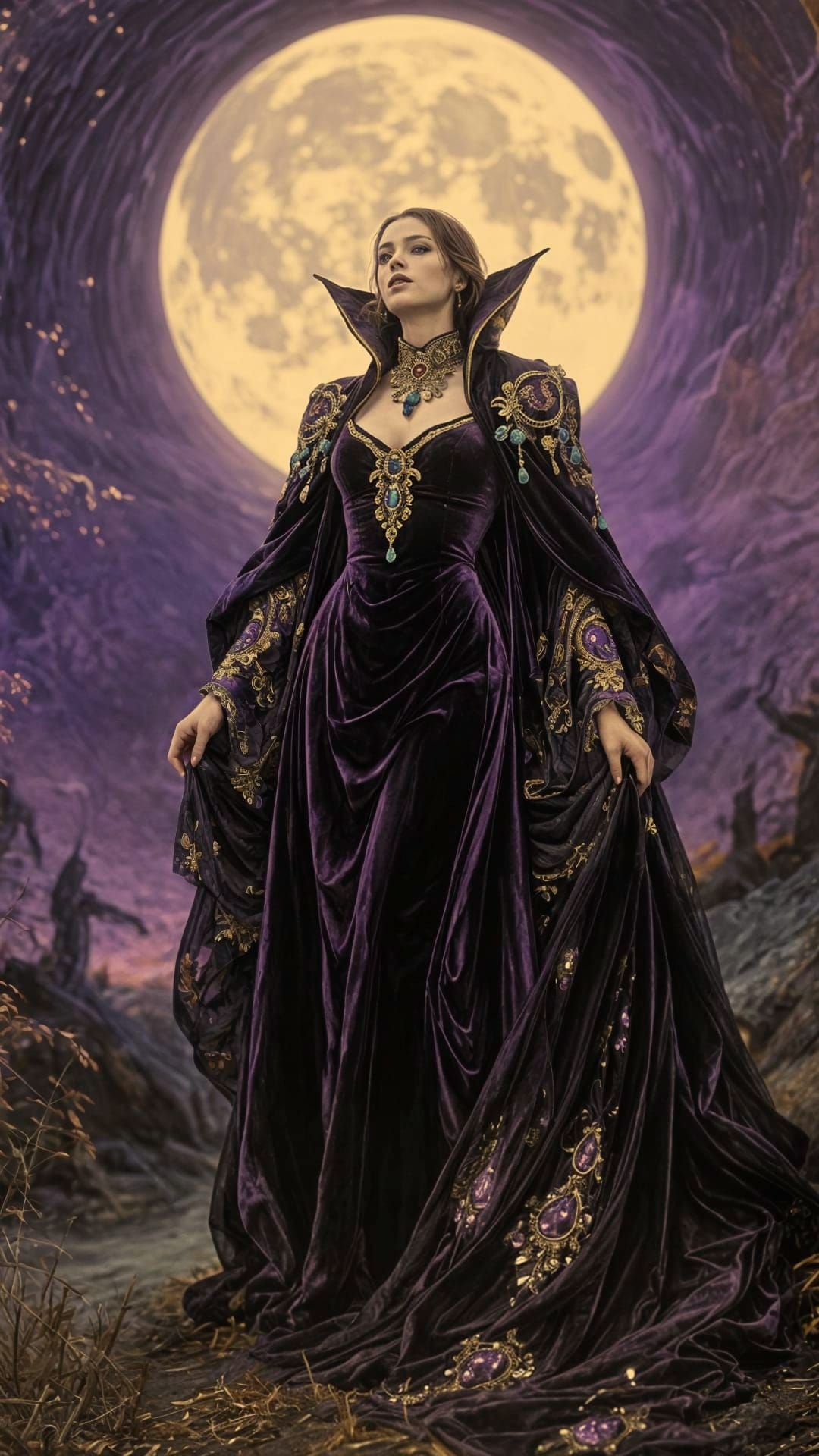 Vampire Queen Under Harvest Moon in Dark Velvet
