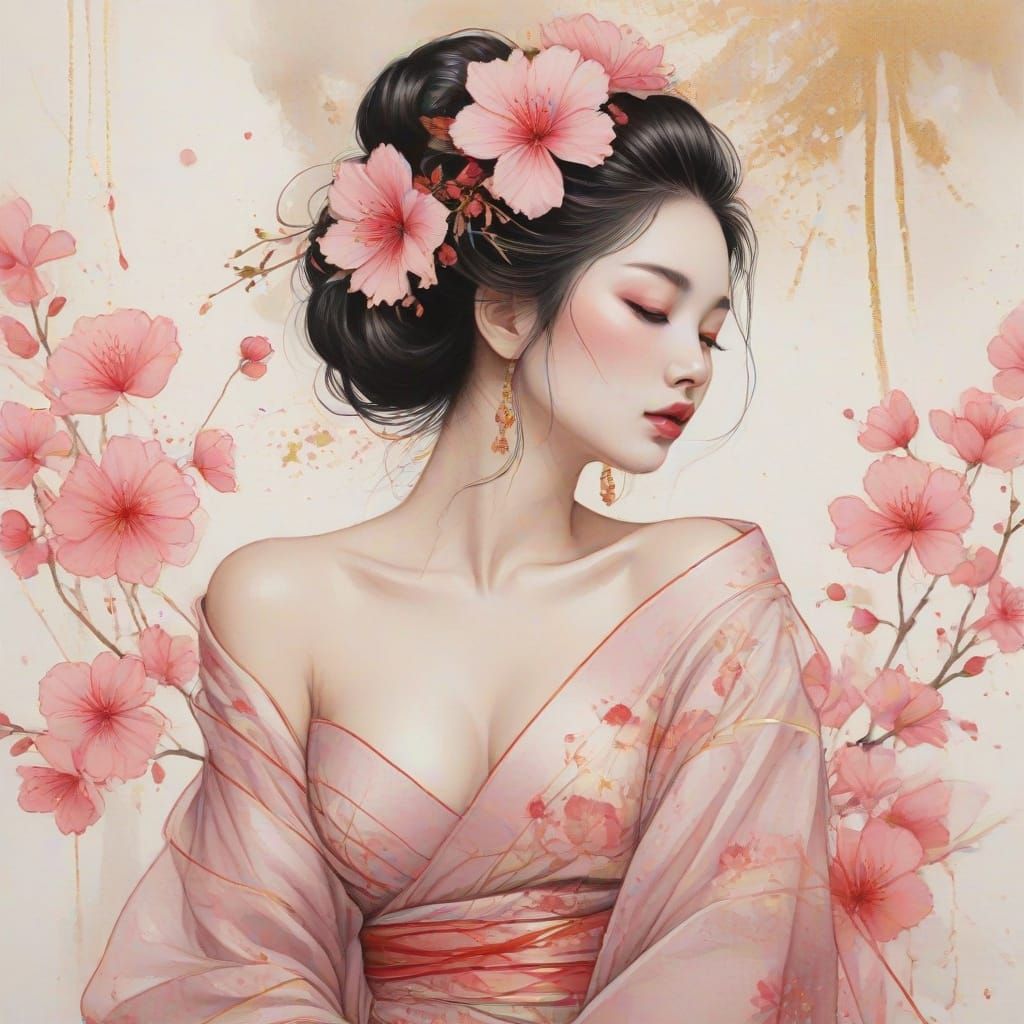 Geisha with Floating Petals in Ink Wash Style