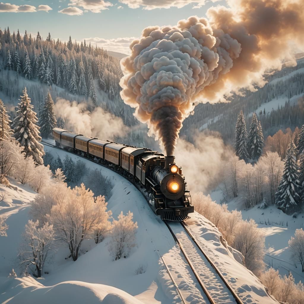 Steam Train in Snowy Landscape with Golden Light