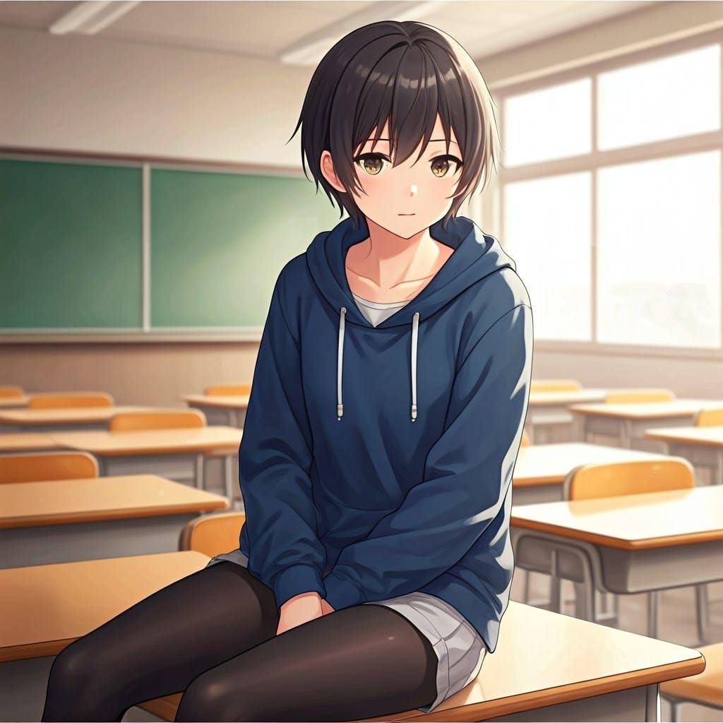 Anime Style High Schooler in Empty Classroom