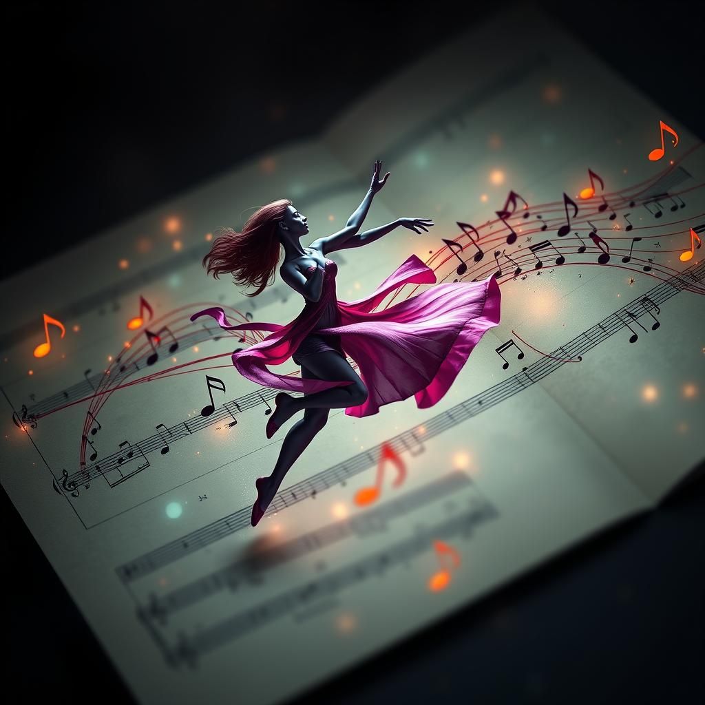 Music notes in the shape of a dancing women dancing across a...