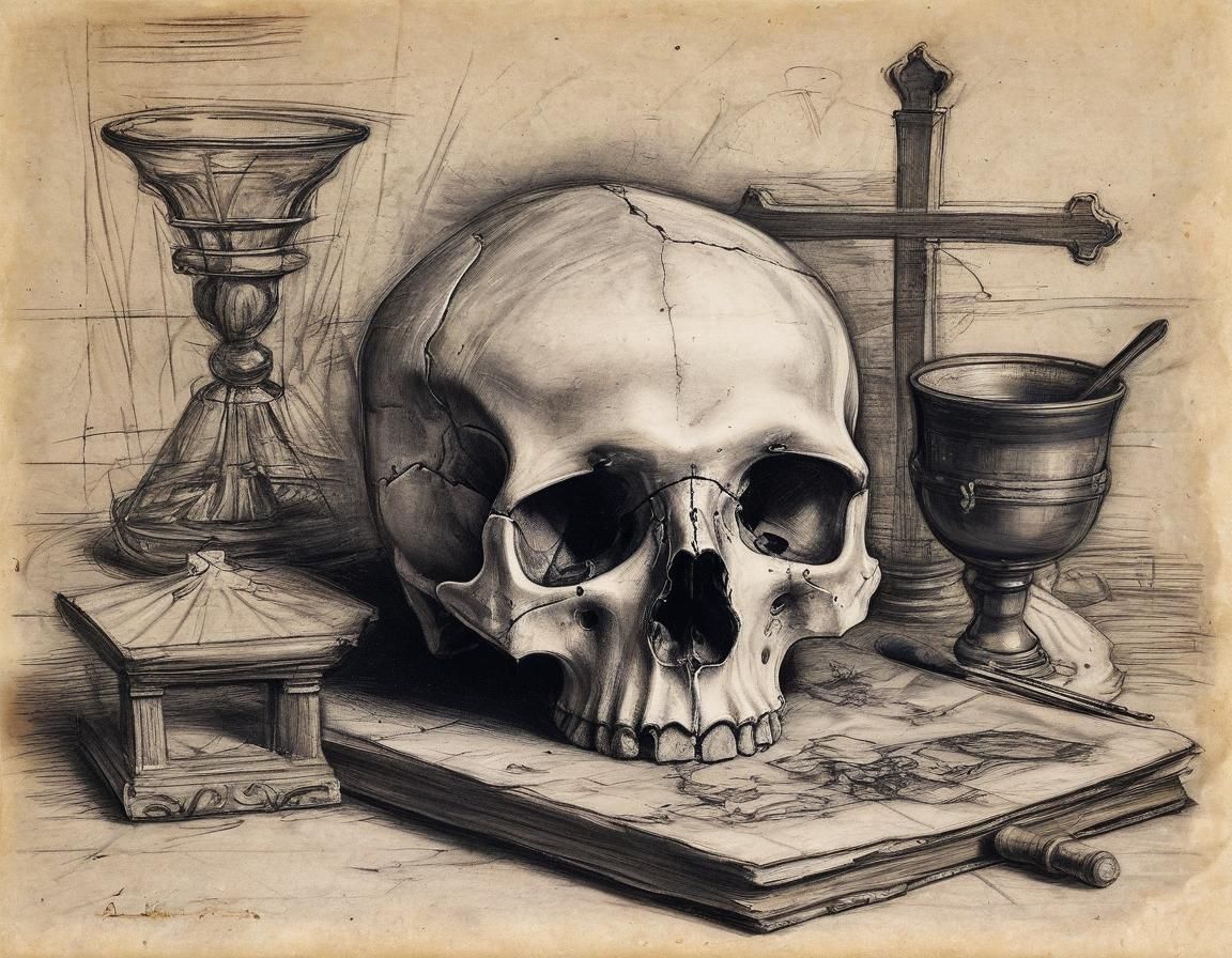 Baroque Vanitas Charcoal Sketch on Aged Paper