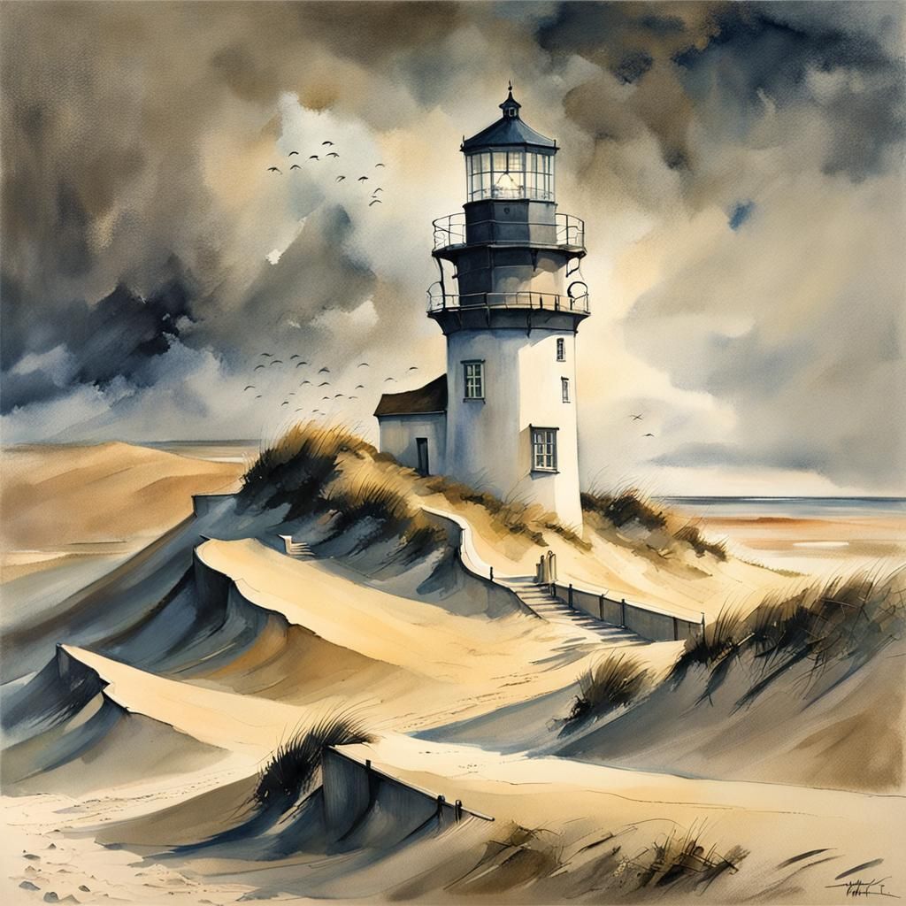 Stormy Lighthouse on Shifting Dune in Intricate, Meticulous ...