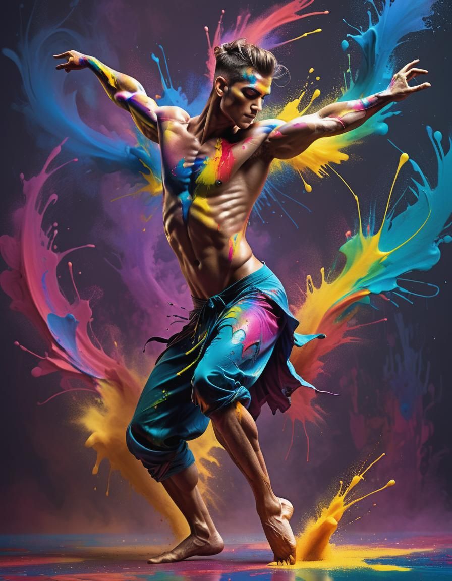 Dynamic Male Dancer in Colorful Splash Art Style