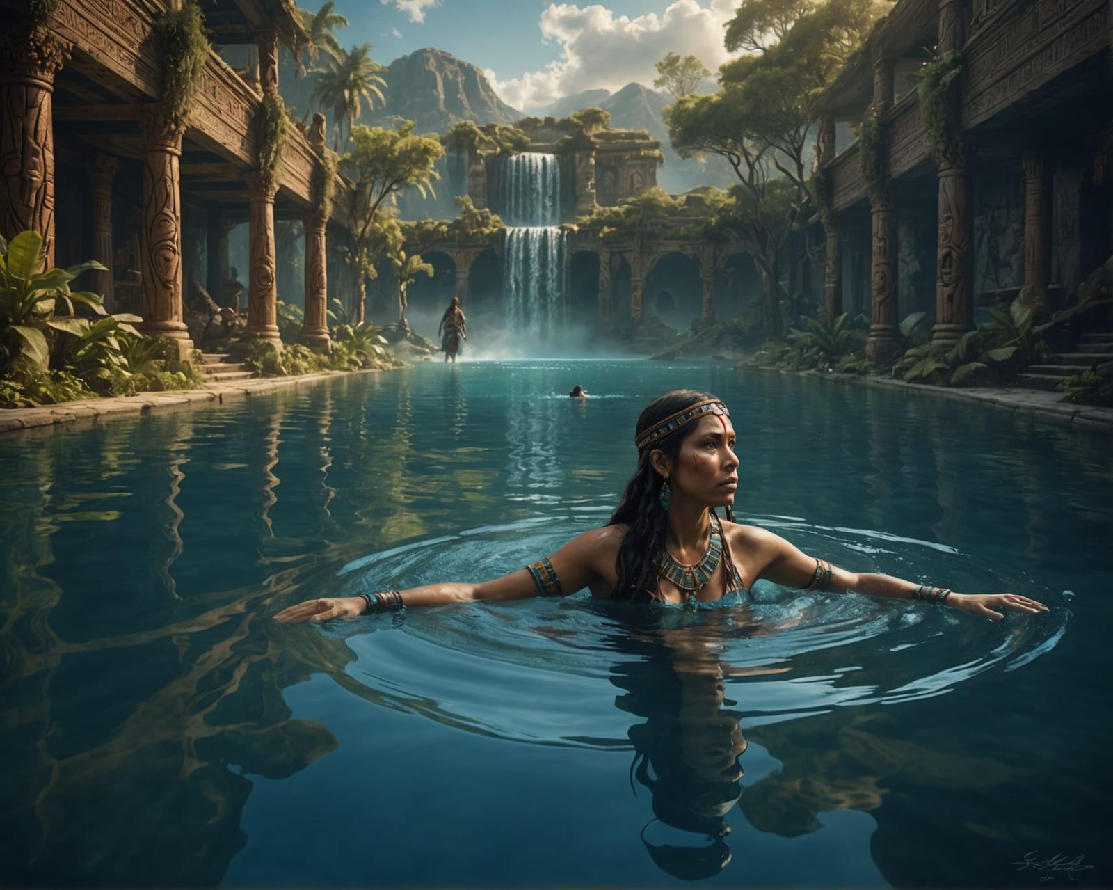 Native American Maiden in Forest Pool Digital Painting