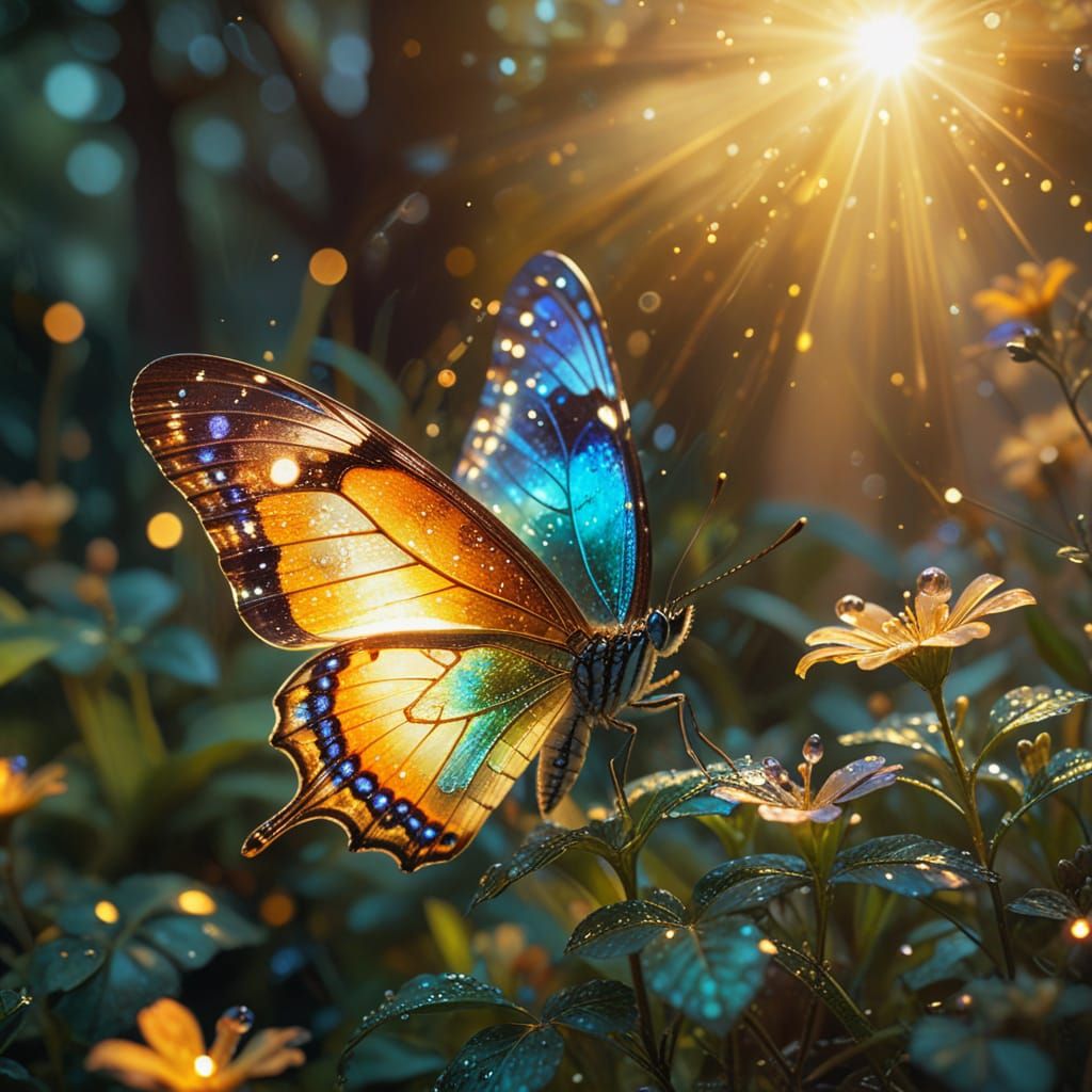 Surreal Iridescent Butterfly Shines in Sunrise Glow