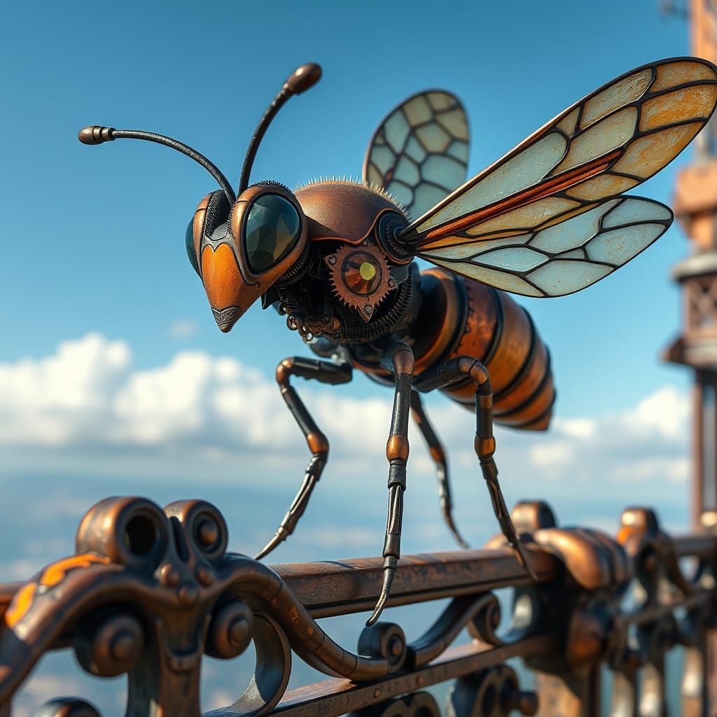 Steampunk Flying Machine in Intricate Industrial Landscape