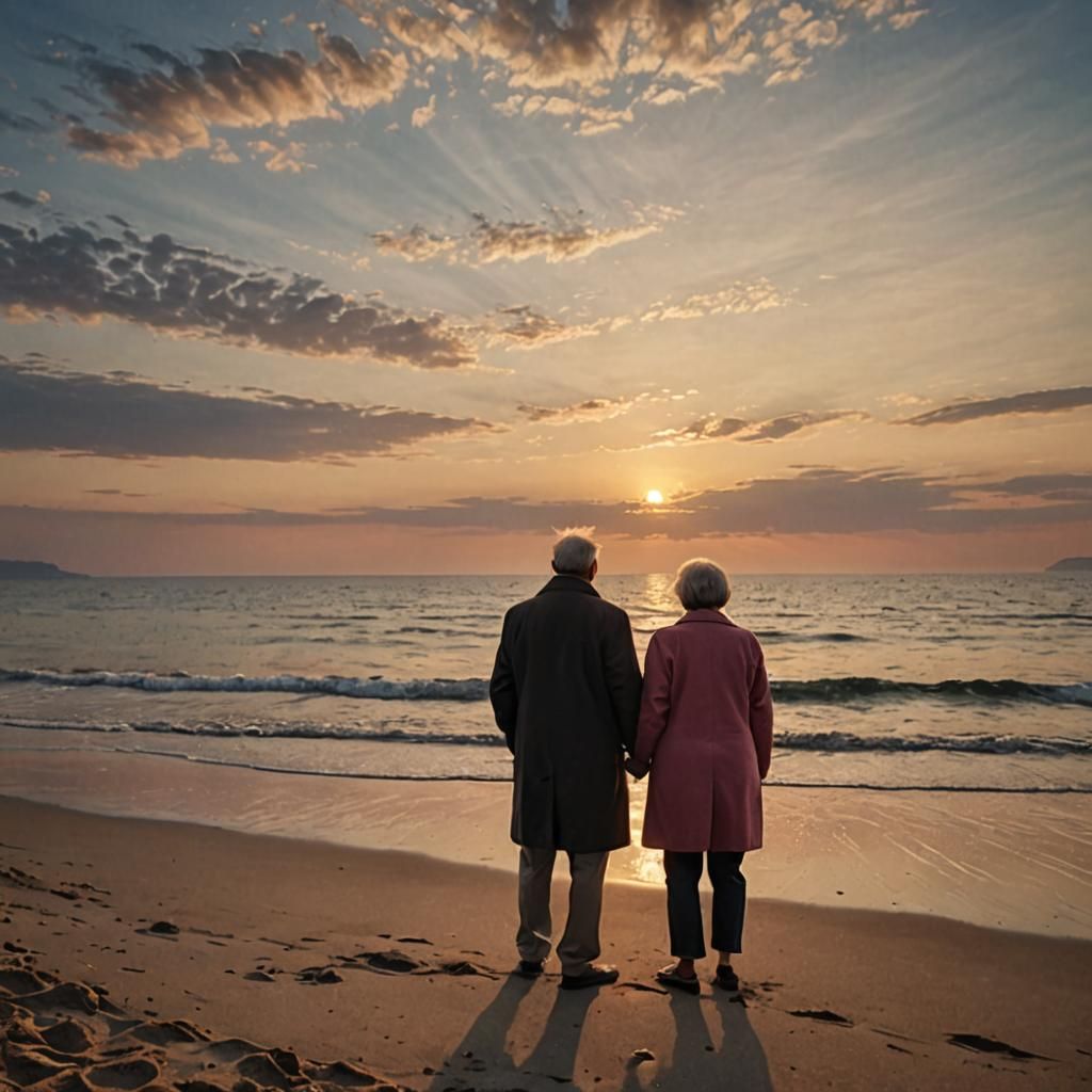 Romantic Sunset Beach Scene with Elderly Couple