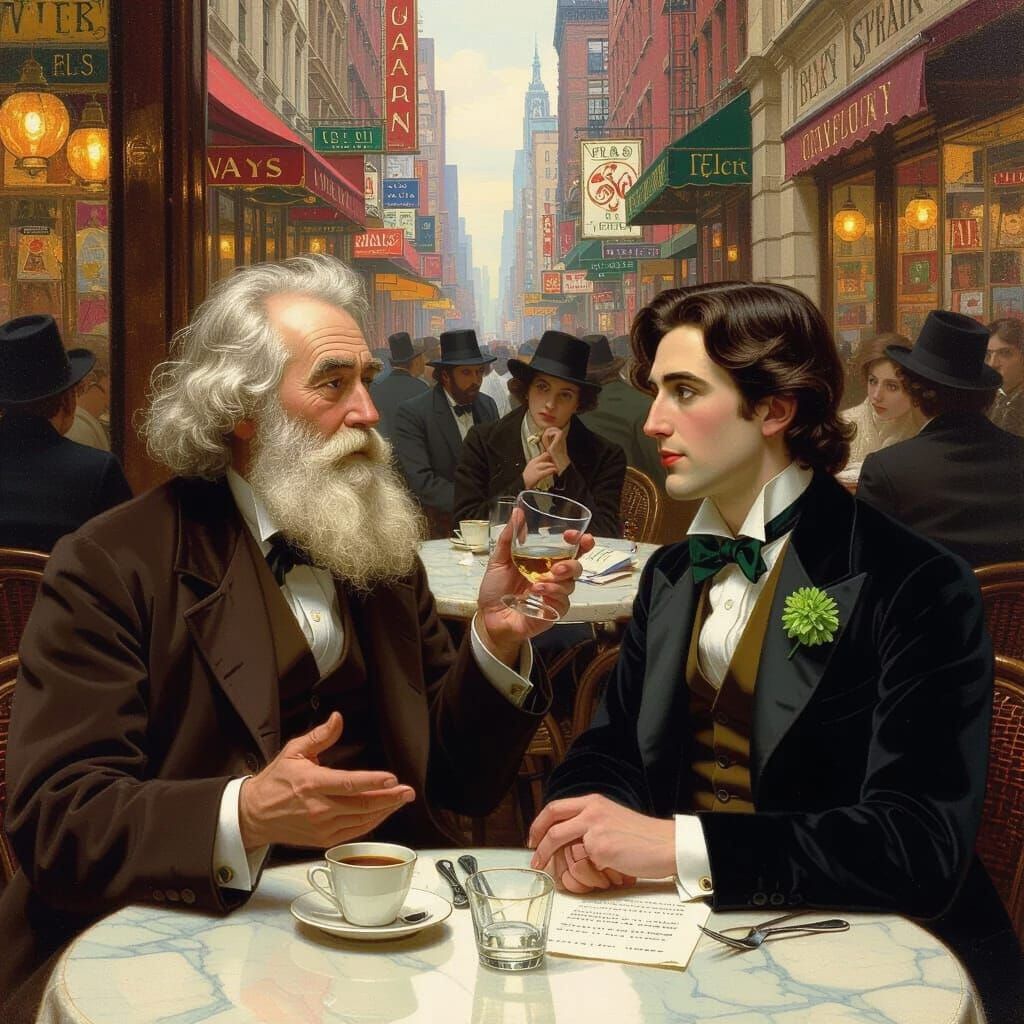 Whitman and Wilde Debate in a NYC Cafe, Pre-Raphaelite Style