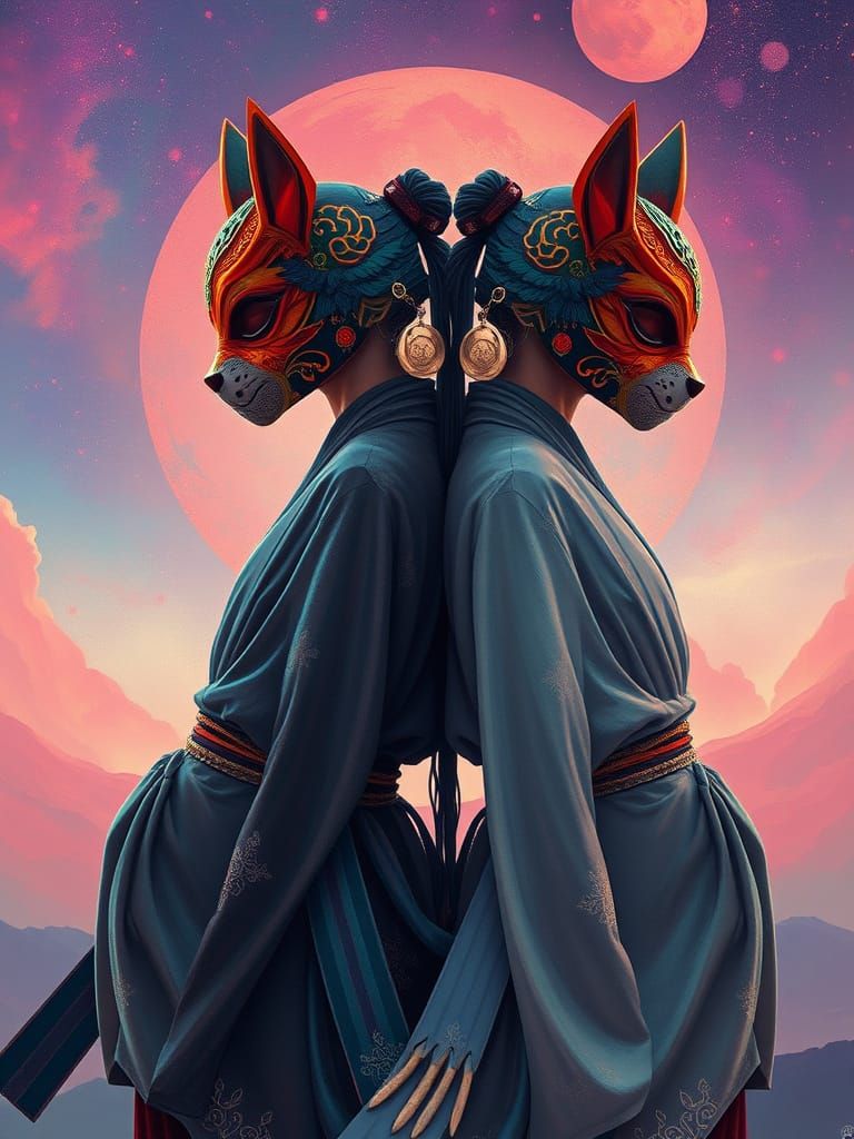 Two Female Ninjas with Kitsune Masks in Ethereal Setting