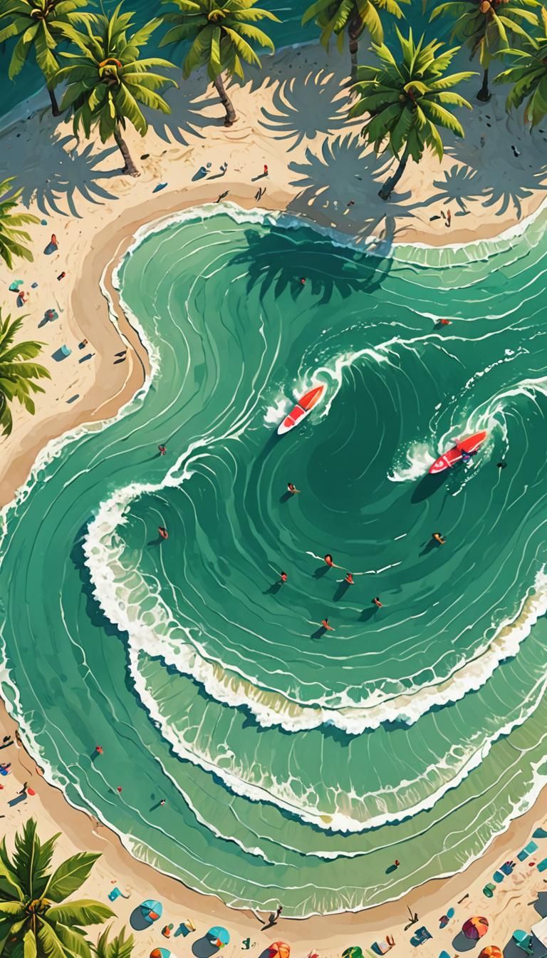 Jade Green Beach with Surfers and BUD COFFEE Sign