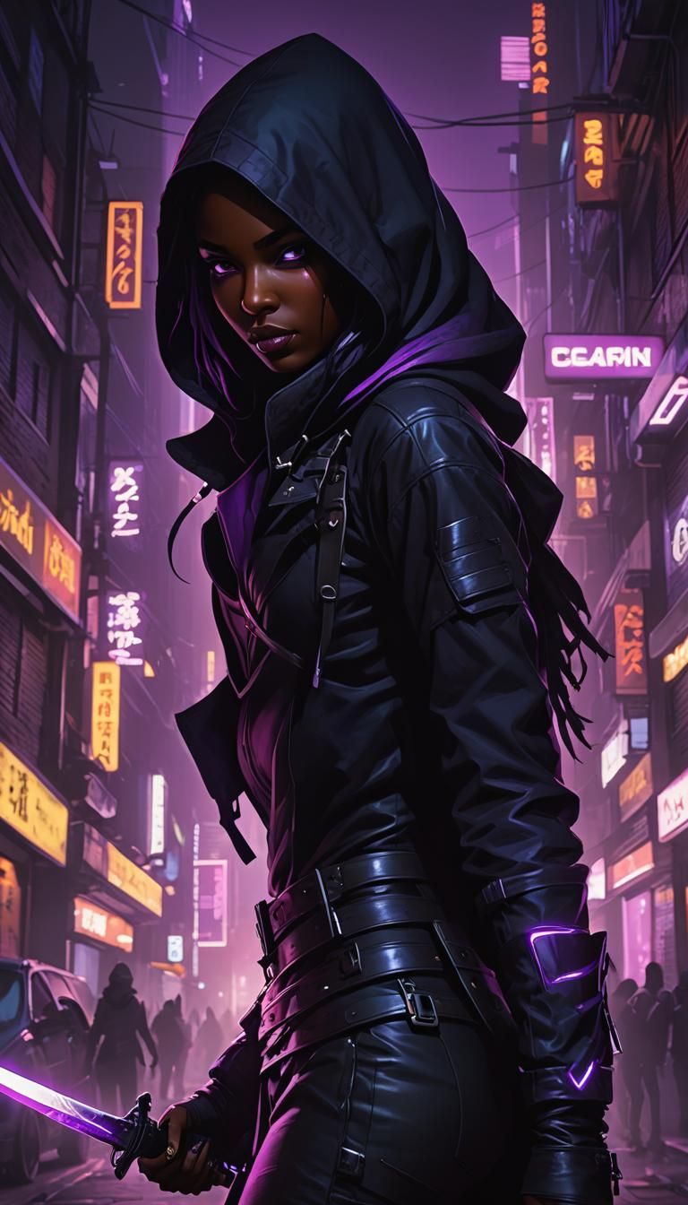 Shadowy Female Assassin in Dark Cyberpunk City