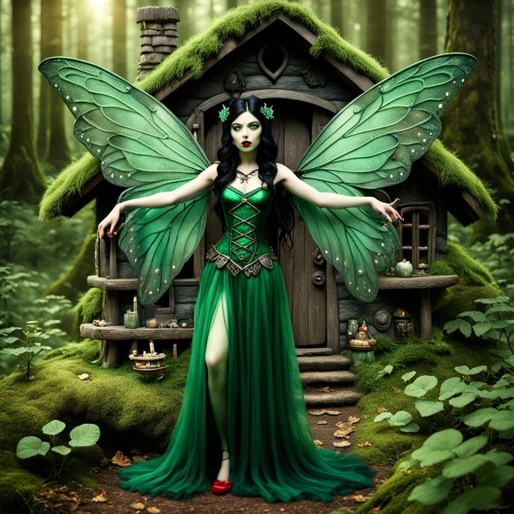 Emerald Forest Fairy at Cottage, Hyperrealistic Image