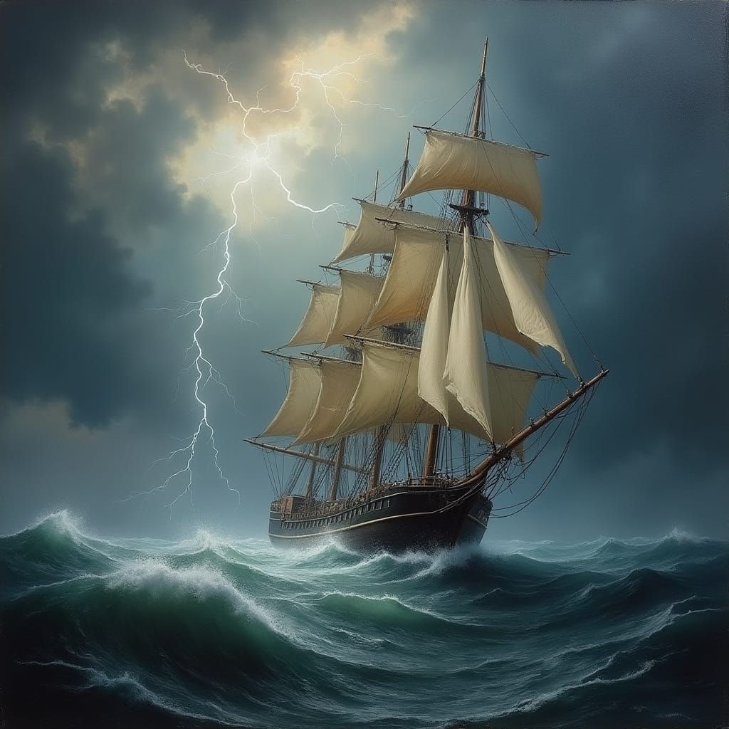 Epic Oil Painting of Ship in Stormy Seas