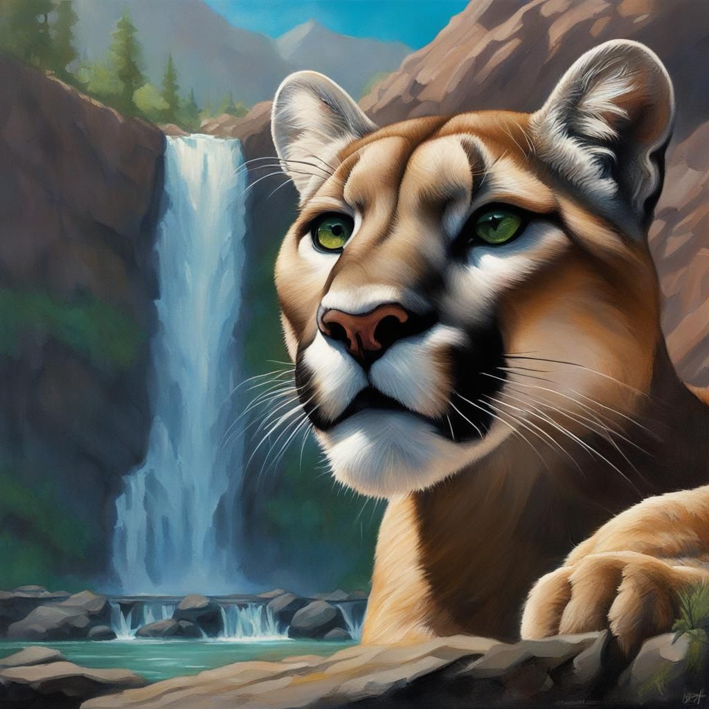Mountain Lion at Waterfall: Hyperrealistic Splash Art