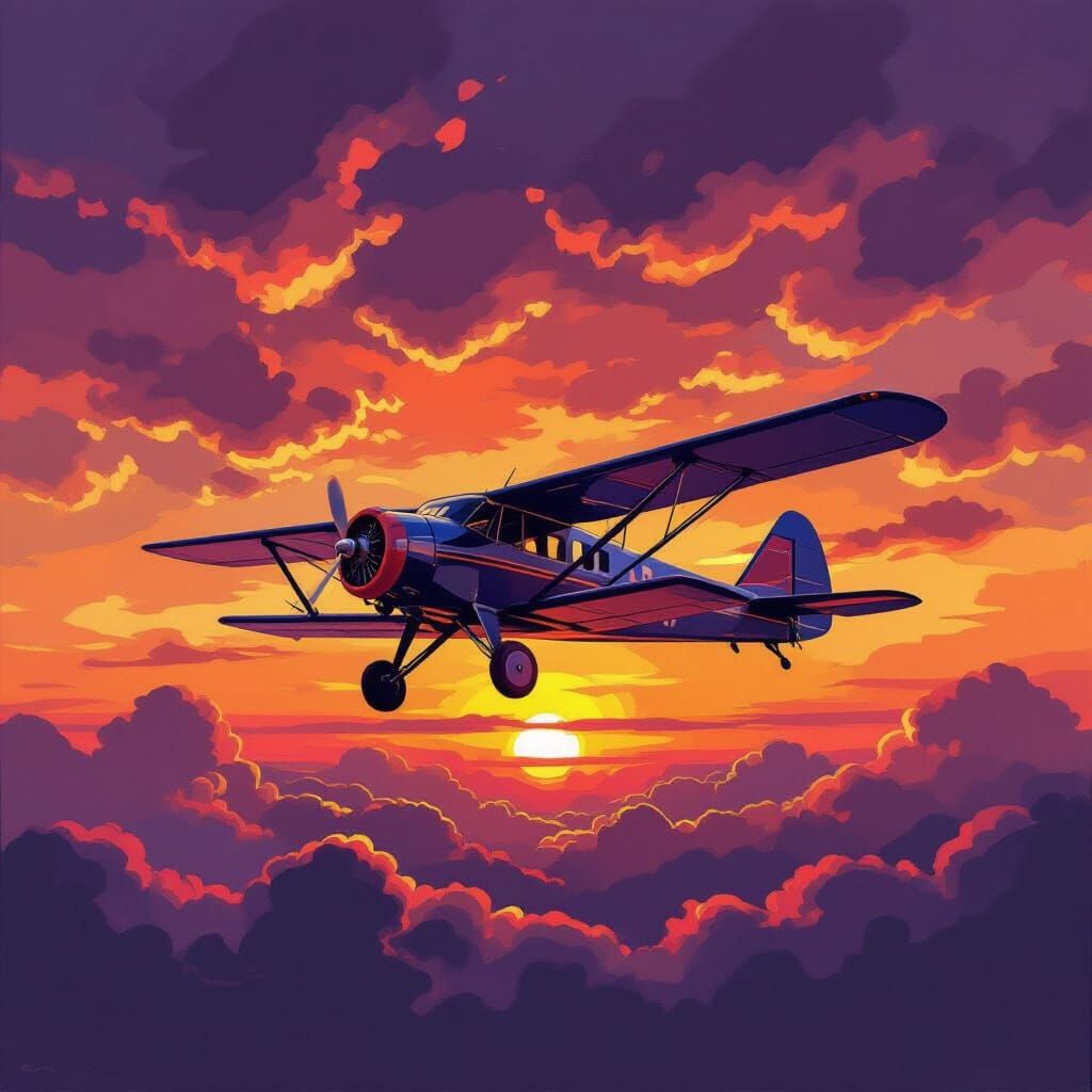 Vintage Airplane Soars Through Impressionistic Sunset Sky