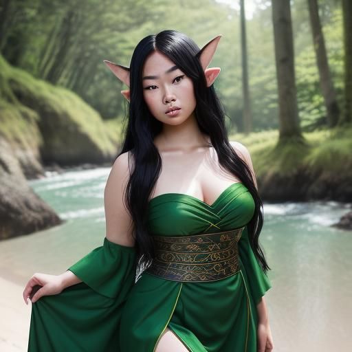 Beautiful Fantasy Elf with Flowing Green Dress