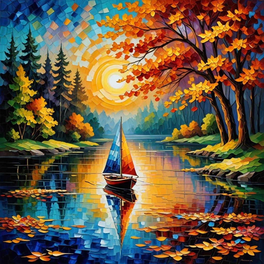 Vibrant Autumn Scene in Expressive Stained Glass Style