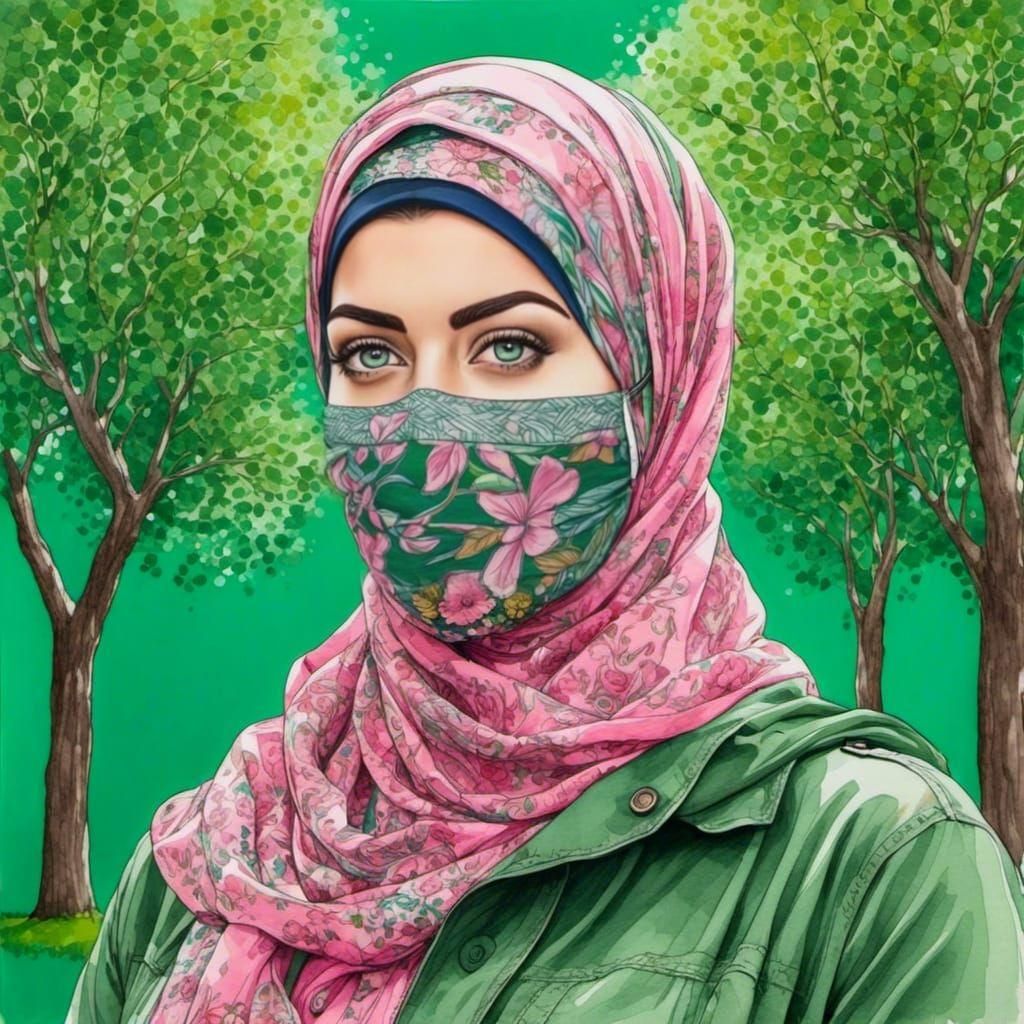 European Woman in Hijab Portrait in Color Pencil
