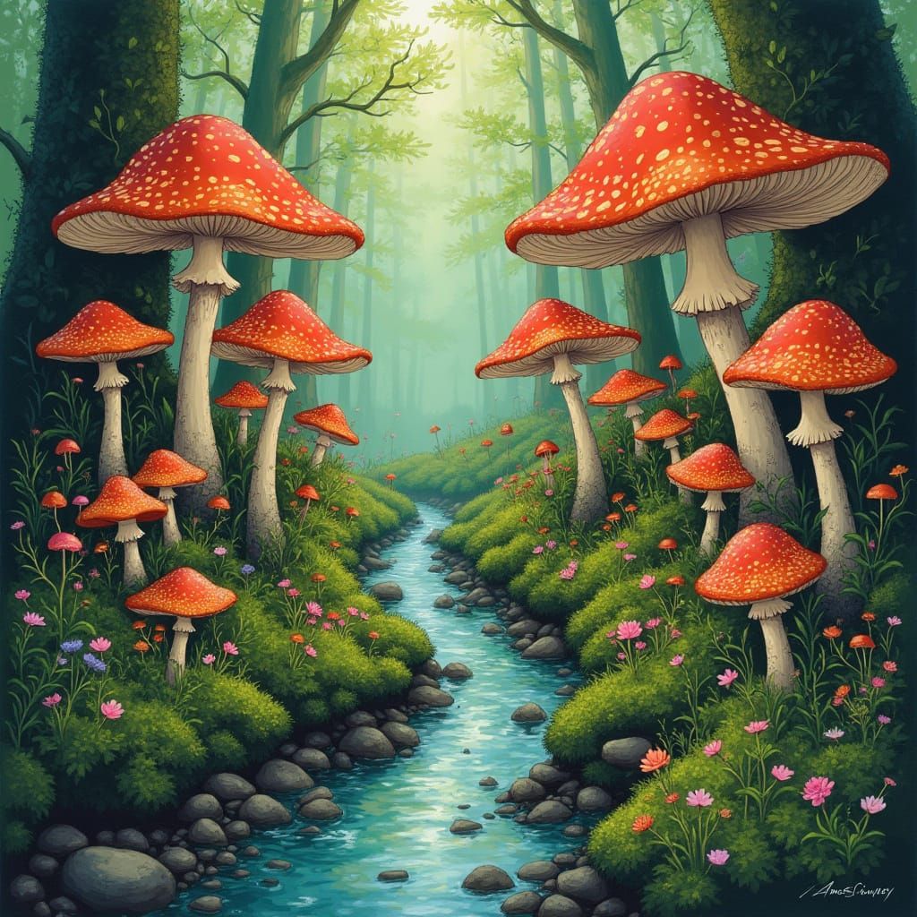 Botanical Mushrooms and Fungus by Forest Stream