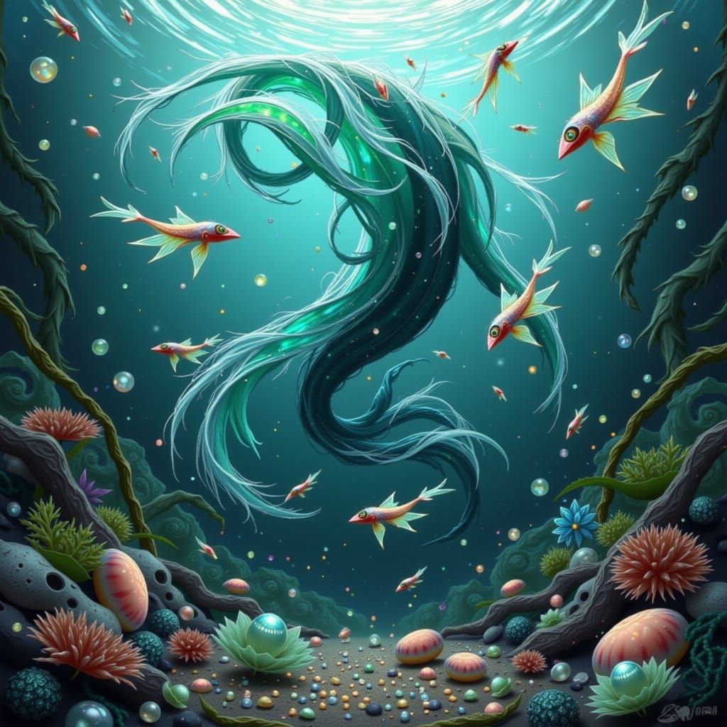 Wave Siren with Pearls and Coral, Digital Painting