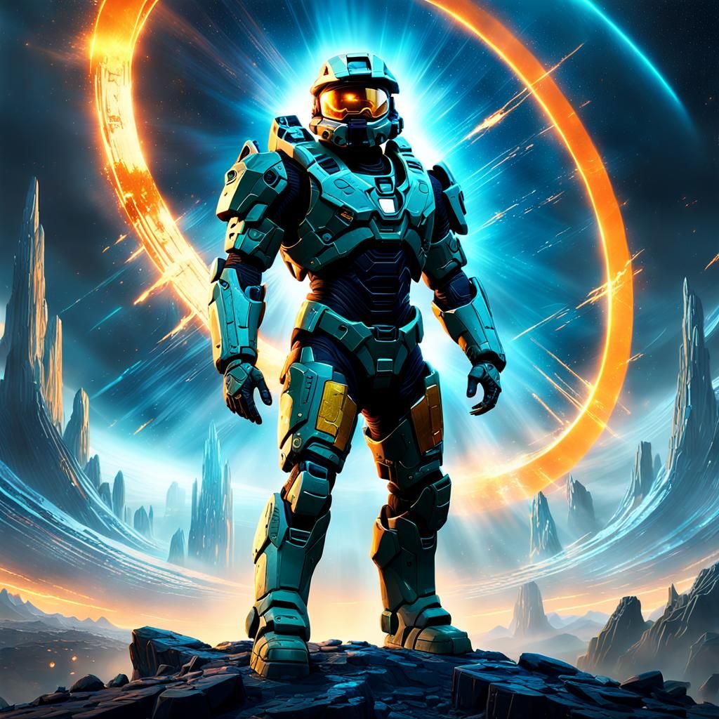 Master Chief on Halo Ringworld in Rutkowski Style